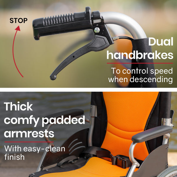 Equipmed Folding Aluminium Wheelchair, 20" Wheels, Park Brakes, 100Kg Capacity, Orange Wheelchairs