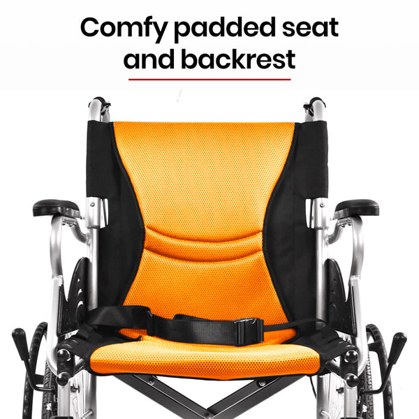 Equipmed Folding Aluminium Wheelchair, 20" Wheels, Park Brakes, 100Kg Capacity, Orange Wheelchairs