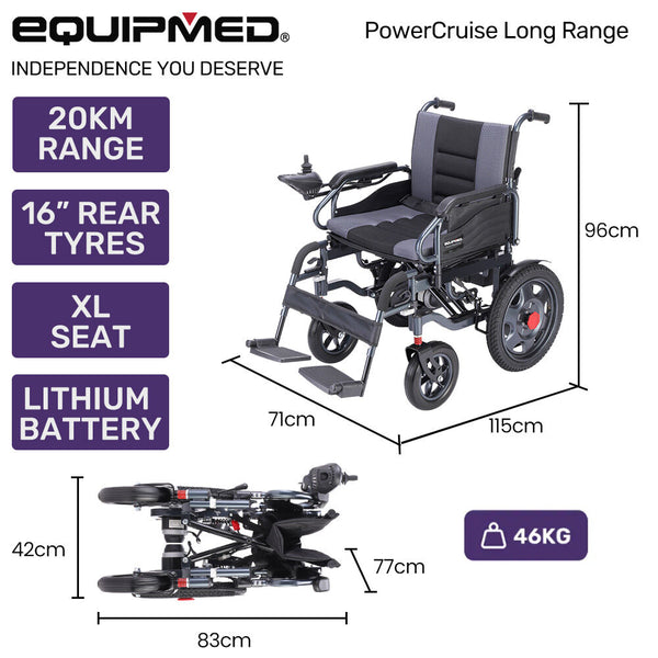 Equipmed Electric Folding Wheelchair Wide Bariatric Chair Seat Comfortable For Xl Long Range Lithium Battery Black/Grey Wheelchairs