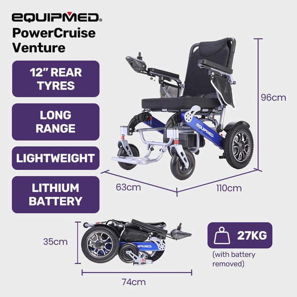 Equipmed Power Electric Wheelchair Long Range Airline Approved Folding Aluminium Frame Lithium Battery Blue Wheelchairs