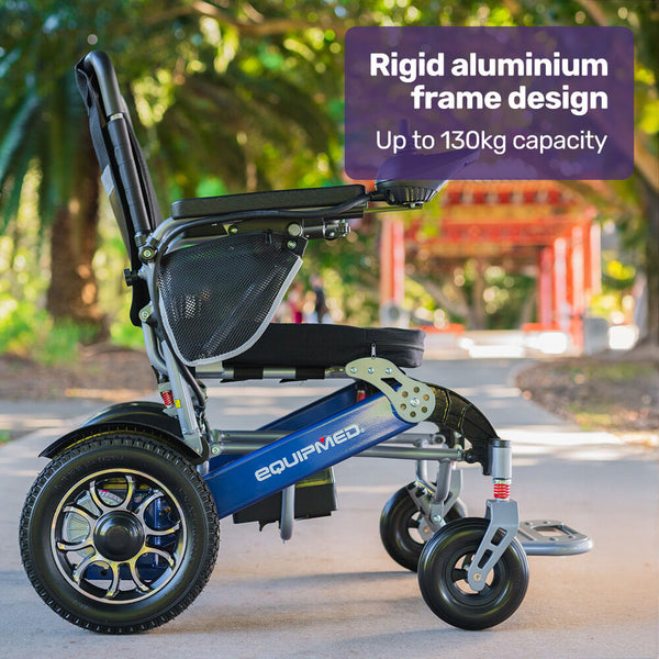 Equipmed Power Electric Wheelchair Long Range Airline Approved Folding Aluminium Frame Lithium Battery Blue Wheelchairs