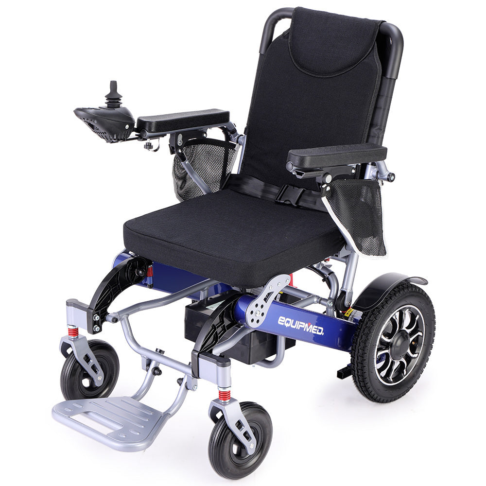 Equipmed Power Electric Wheelchair Long Range Airline Approved Folding Aluminium Frame Lithium Battery Blue Wheelchairs