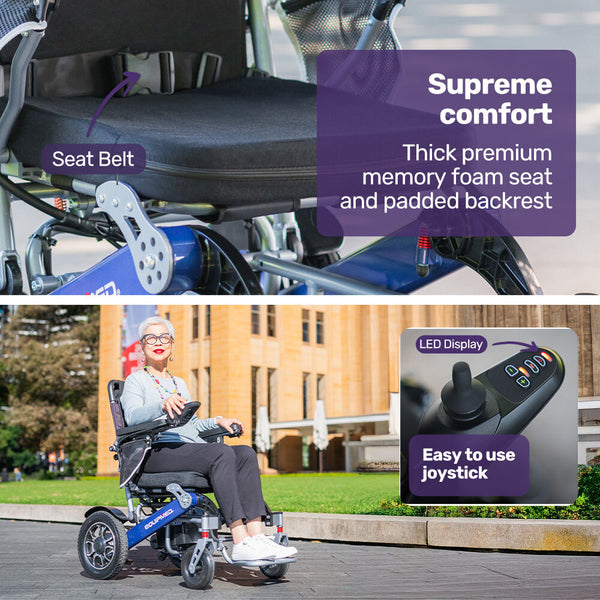 Equipmed Power Electric Wheelchair Long Range Airline Approved Folding Aluminium Frame Lithium Battery Blue Wheelchairs