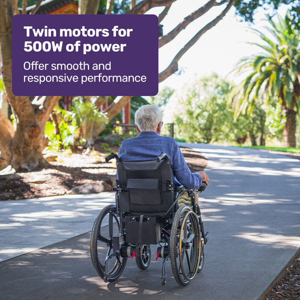 Equipmed Electric Wheelchair Folding Airline Long Range Lithium Battery 24' Rear Wheels Black Wheelchairs