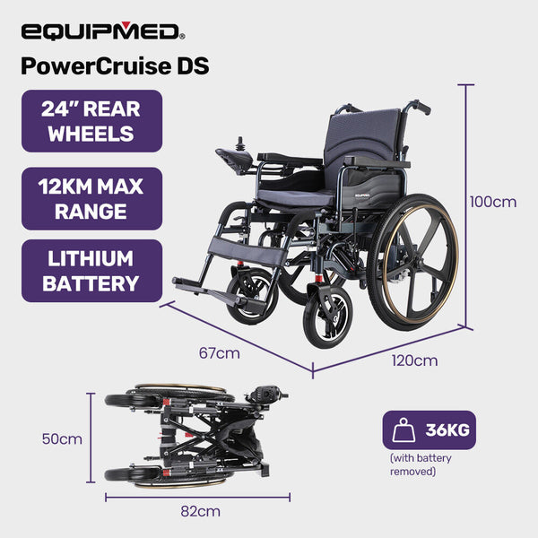 Equipmed Electric Wheelchair Folding Airline Long Range Lithium Battery 24' Rear Wheels Black Wheelchairs