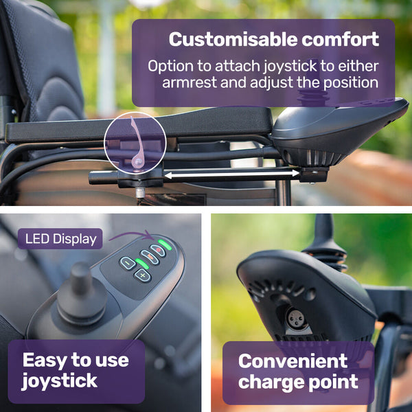 Equipmed Electric Wheelchair Folding Airline Long Range Lithium Battery 24' Rear Wheels Black Wheelchairs