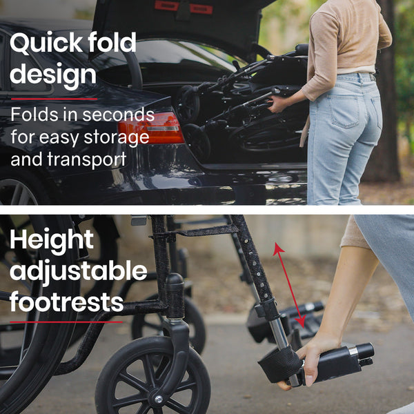 Equipmed Comfortline 24' 136Kg Capacity Xl Wide Quick Folding Wheelchair Dark Grey Hammertone Wheelchairs