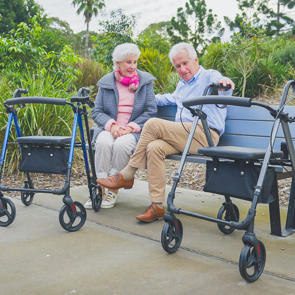 Equipmed 4 Wheel Lightweight Rollator Walker Aluminium Frame Seat Carry Bag For Seniors Blue Walkers & Canes