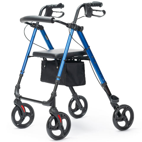 Equipmed 4 Wheel Lightweight Rollator Walker Aluminium Frame Seat Carry Bag For Seniors Blue Walkers & Canes