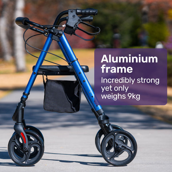 Equipmed 4 Wheel Lightweight Rollator Walker Aluminium Frame Seat Carry Bag For Seniors Blue Walkers & Canes