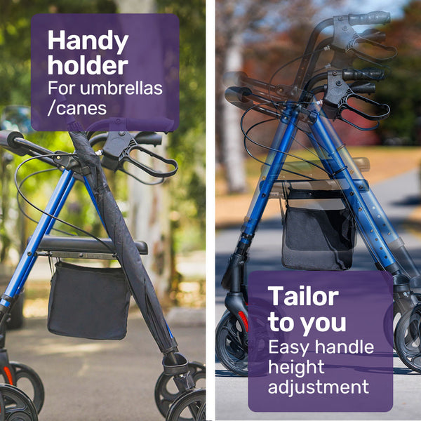 Equipmed 4 Wheel Lightweight Rollator Walker Aluminium Frame Seat Carry Bag For Seniors Blue Walkers & Canes