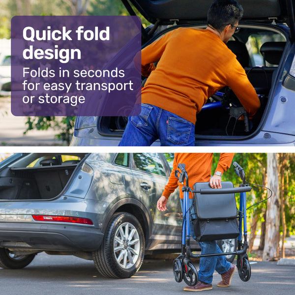 Equipmed 4 Wheel Lightweight Rollator Walker Aluminium Frame Seat Carry Bag For Seniors Blue Walkers & Canes