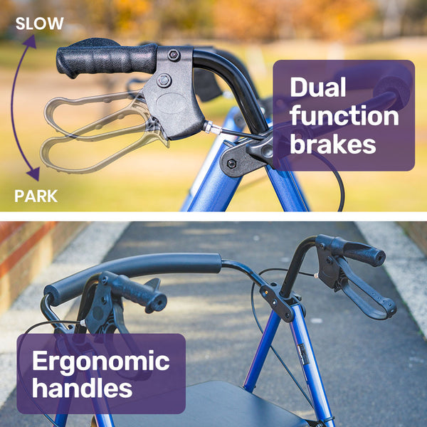 Equipmed 4 Wheel Lightweight Rollator Walker Aluminium Frame Seat Carry Bag For Seniors Blue Walkers & Canes