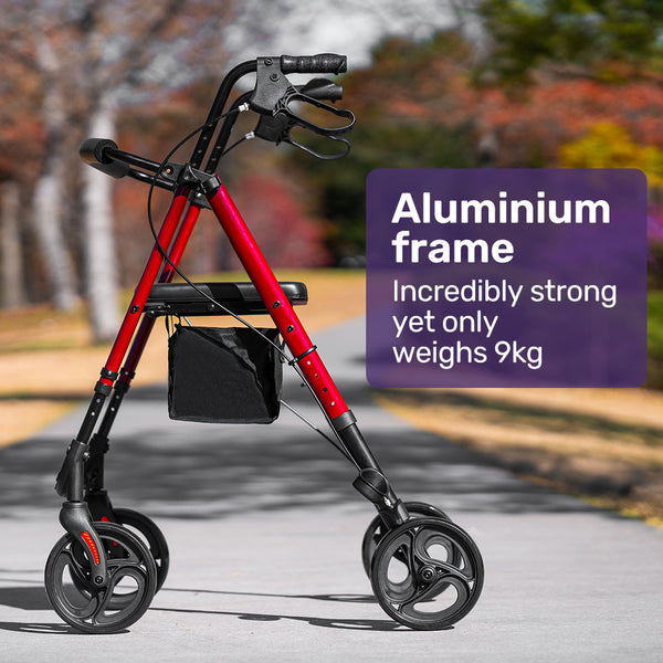 Equipmed 4 Wheel Lightweight Rollator Walker Aluminium Frame Seat Carry Bag For Seniors Red Walkers & Canes