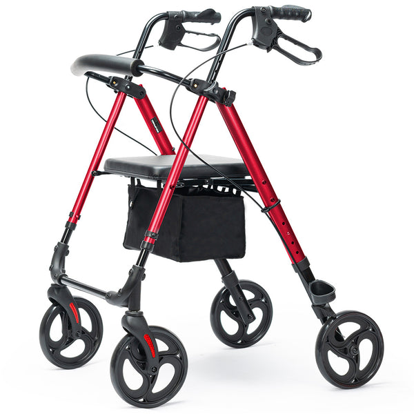Equipmed 4 Wheel Lightweight Rollator Walker Aluminium Frame Seat Carry Bag For Seniors Red Walkers & Canes