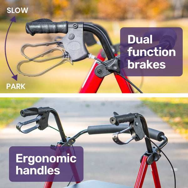 Equipmed 4 Wheel Lightweight Rollator Walker Aluminium Frame Seat Carry Bag For Seniors Red Walkers & Canes