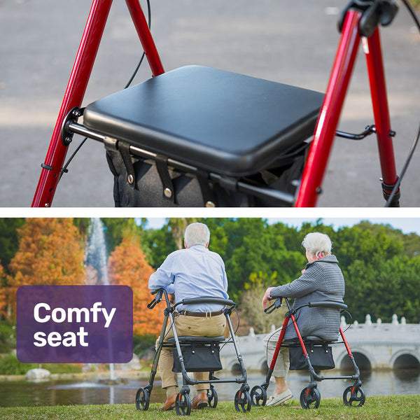 Equipmed 4 Wheel Lightweight Rollator Walker Aluminium Frame Seat Carry Bag For Seniors Red Walkers & Canes