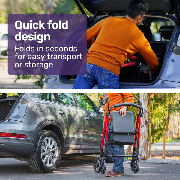 Equipmed 4 Wheel Lightweight Rollator Walker Aluminium Frame Seat Carry Bag For Seniors Red Walkers & Canes