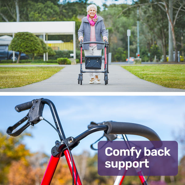Equipmed 4 Wheel Lightweight Rollator Walker Aluminium Frame Seat Carry Bag For Seniors Red Walkers & Canes