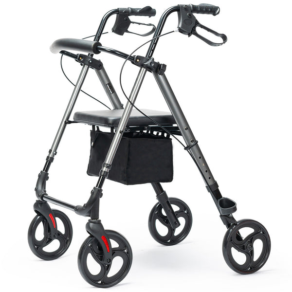 Equipmed 4 Wheel Lightweight Rollator Walker Aluminium Frame Seat Carry Bag For Seniors Titanium Style Walkers & Canes
