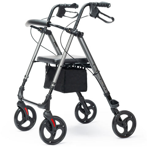 Equipmed 4 Wheel Lightweight Rollator Walker Aluminium Frame Seat Carry Bag For Seniors Titanium Style Walkers & Canes
