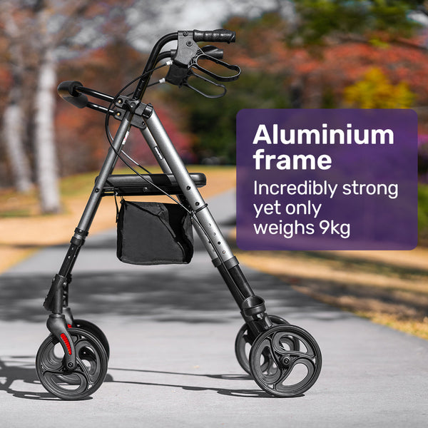 Equipmed 4 Wheel Lightweight Rollator Walker Aluminium Frame Seat Carry Bag For Seniors Titanium Style Walkers & Canes