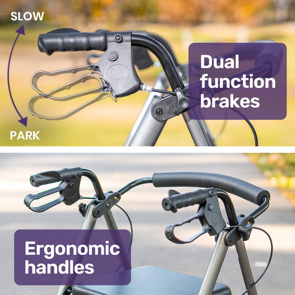 Equipmed 4 Wheel Lightweight Rollator Walker Aluminium Frame Seat Carry Bag For Seniors Titanium Style Walkers & Canes