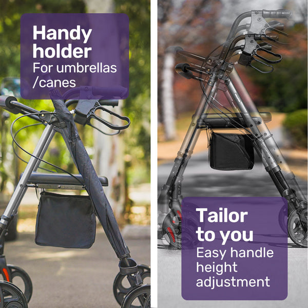 Equipmed 4 Wheel Lightweight Rollator Walker Aluminium Frame Seat Carry Bag For Seniors Titanium Style Walkers & Canes