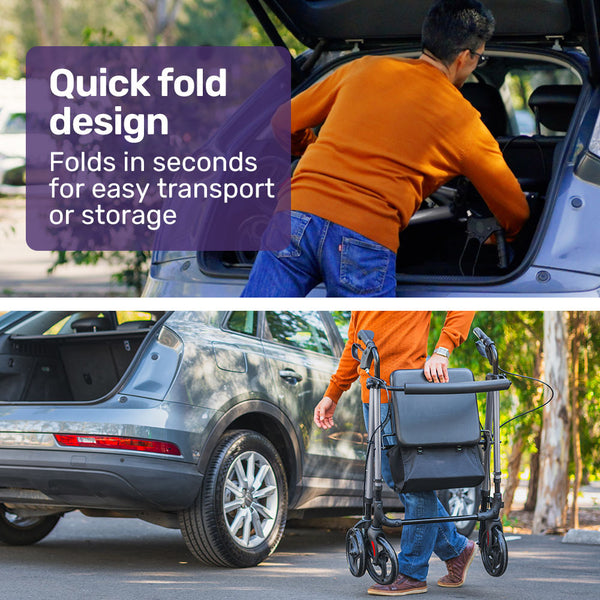 Equipmed 4 Wheel Lightweight Rollator Walker Aluminium Frame Seat Carry Bag For Seniors Titanium Style Walkers & Canes