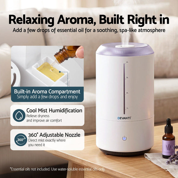 Devanti 4L Ultrasonic Humidifier & Aroma Diffuser White Humidifiers