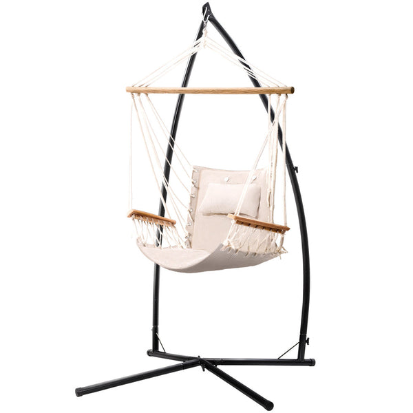 Gardeon Hammock Chair With Steel Stand Armrest Outdoor Hanging Cream Hammocks
