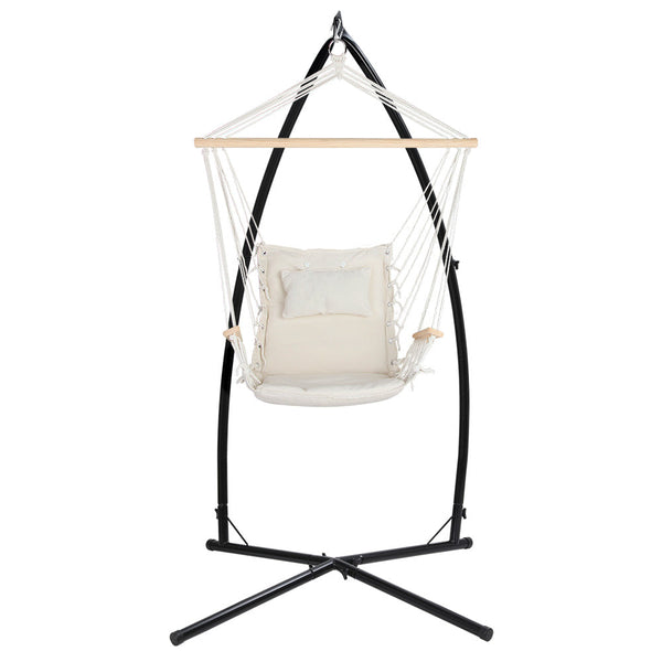 Gardeon Hammock Chair With Steel Stand Armrest Outdoor Hanging Cream Hammocks