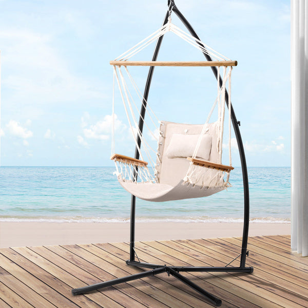 Gardeon Hammock Chair With Steel Stand Armrest Outdoor Hanging Cream Hammocks