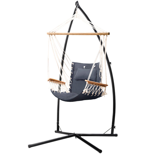 Gardeon Hammock Chair With Steel Stand Armrest Outdoor Hanging Grey Hammocks