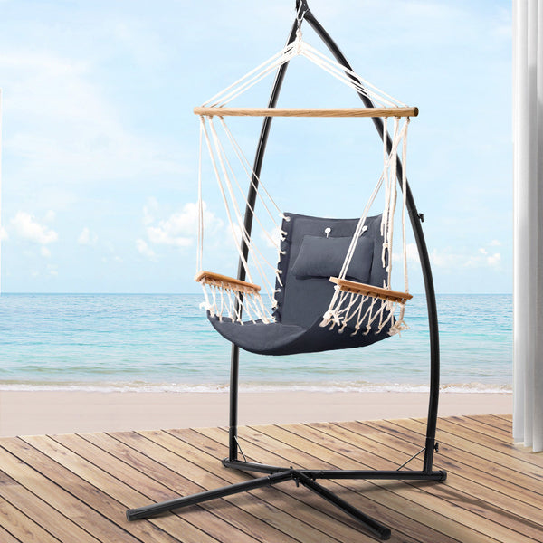 Gardeon Hammock Chair With Steel Stand Armrest Outdoor Hanging Grey Hammocks