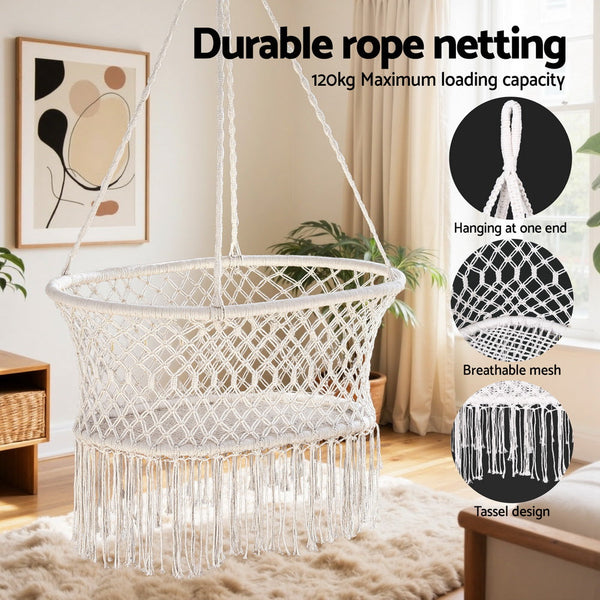 Gardeon Hammock Chair Cotton Swing Outdoor Indoor Cream Hammocks