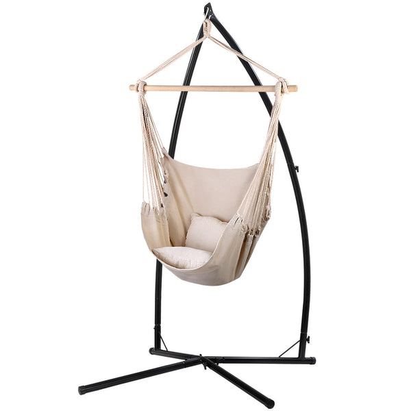 Gardeon Hammock Chair Outdoor Camping Hanging With Steel Stand Cream Hammocks