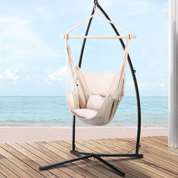 Gardeon Hammock Chair Outdoor Camping Hanging With Steel Stand Cream Hammocks