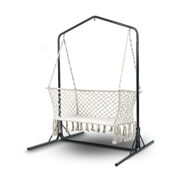 Gardeon Hammock Chair With Stand Macrame Outdoor Garden 2 Seater Cream Hammocks