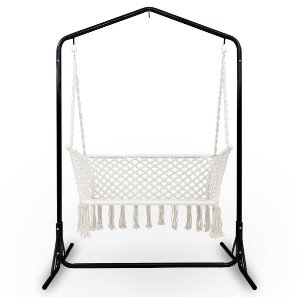 Gardeon Hammock Chair With Stand Macrame Outdoor Garden 2 Seater Cream Hammocks