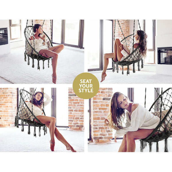 Gardeon Hammock Chair Outdoor Hanging Macrame Cotton Indoor Grey Hammocks