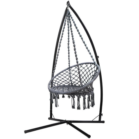 Gardeon Hammock Chair With Steel Stand Macrame Outdoor Swinging Grey Hammocks