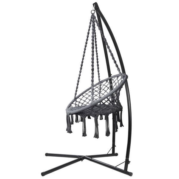 Gardeon Hammock Chair With Steel Stand Macrame Outdoor Swinging Grey Hammocks