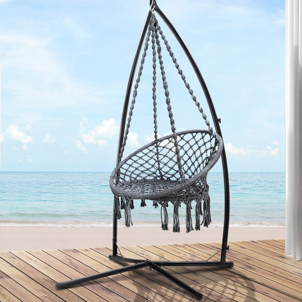 Gardeon Hammock Chair With Steel Stand Macrame Outdoor Swinging Grey Hammocks