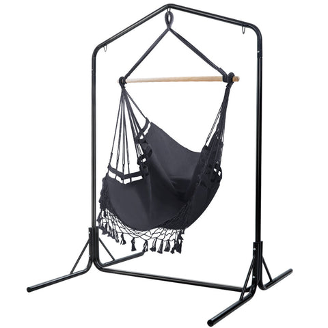 Gardeon Outdoor Hammock Chair With Stand Tassel Hanging Rope Grey Hammocks