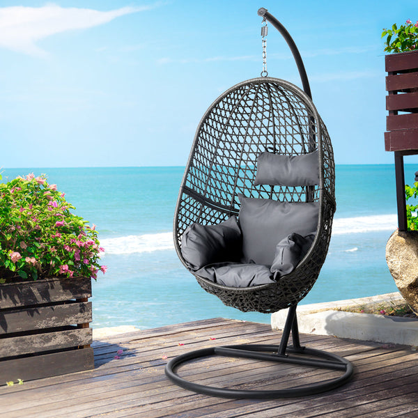 Gardeon Outdoor Egg Swing Chair Wicker Rattan Furniture Pod Stand Cushion Black Swing Seats