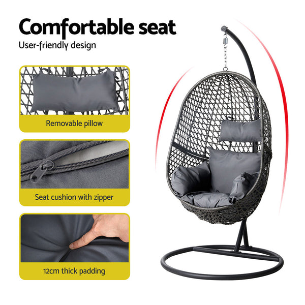 Gardeon Outdoor Egg Swing Chair Wicker Rattan Furniture Pod Stand Cushion Black Swing Seats