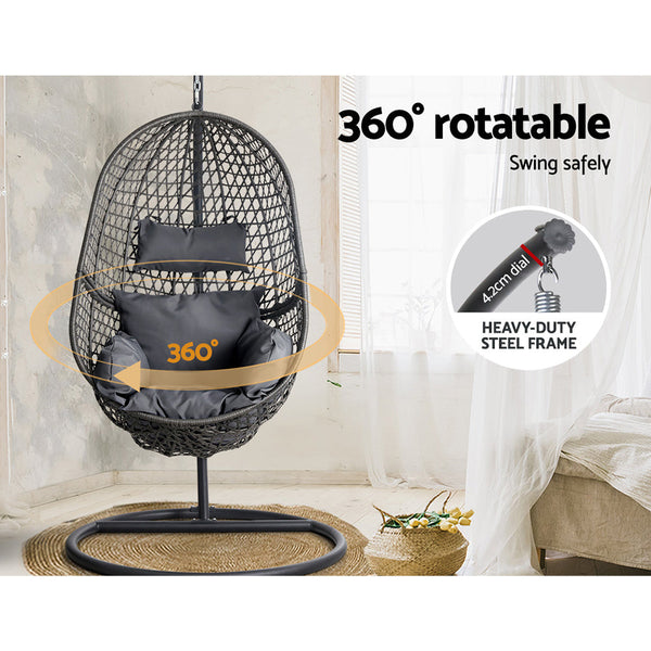 Gardeon Outdoor Egg Swing Chair Wicker Rattan Furniture Pod Stand Cushion Black Swing Seats