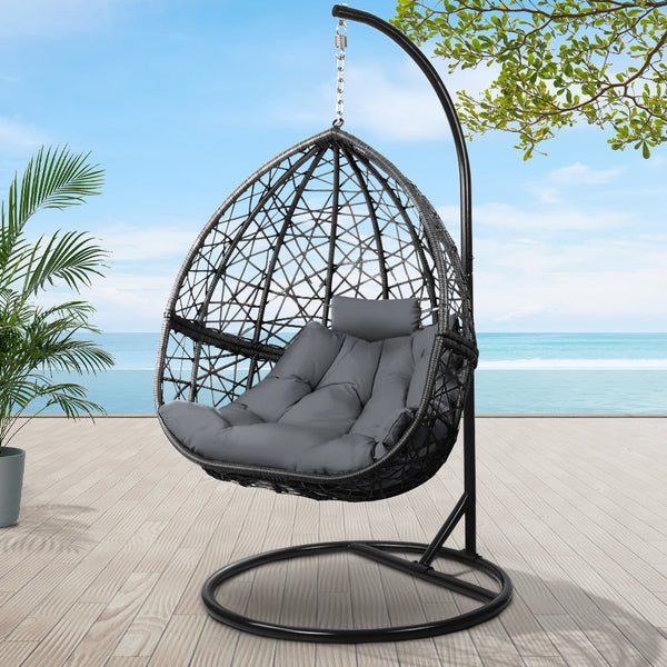 Gardeon Outdoor Egg Swing Chair Wicker Rattan Furniture Pod Stand Cushion Grey Swing Seats