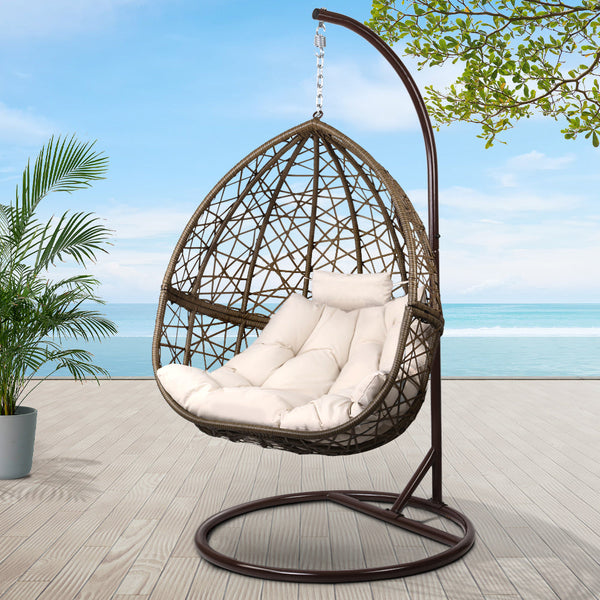 Gardeon Outdoor Egg Swing Chair Wicker Rattan Furniture Pod Stand Cushion Latte Swing Seats
